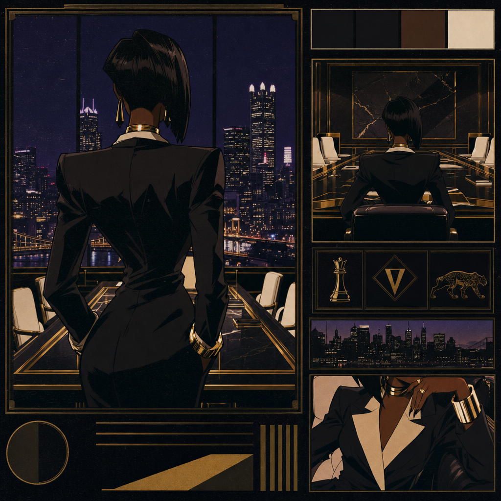 A faceless Black woman in an onyx boardroom overlooking Pittsburgh at midnight.