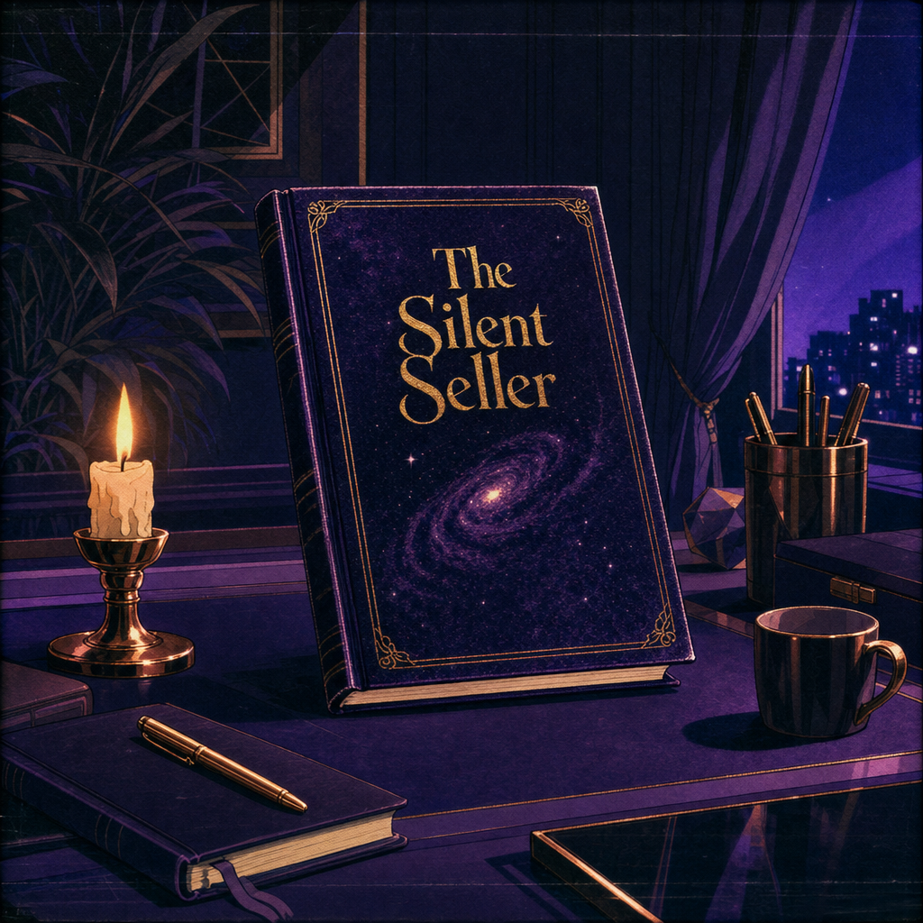 The Silent Seller illustrated digital guide in a violet anime workspace.