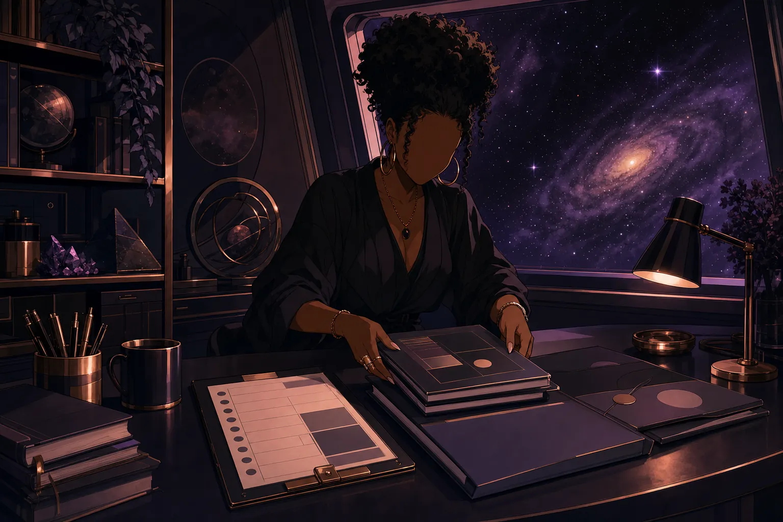 A faceless creator organizing digital guides, a template, and a checklist in a midnight studio.