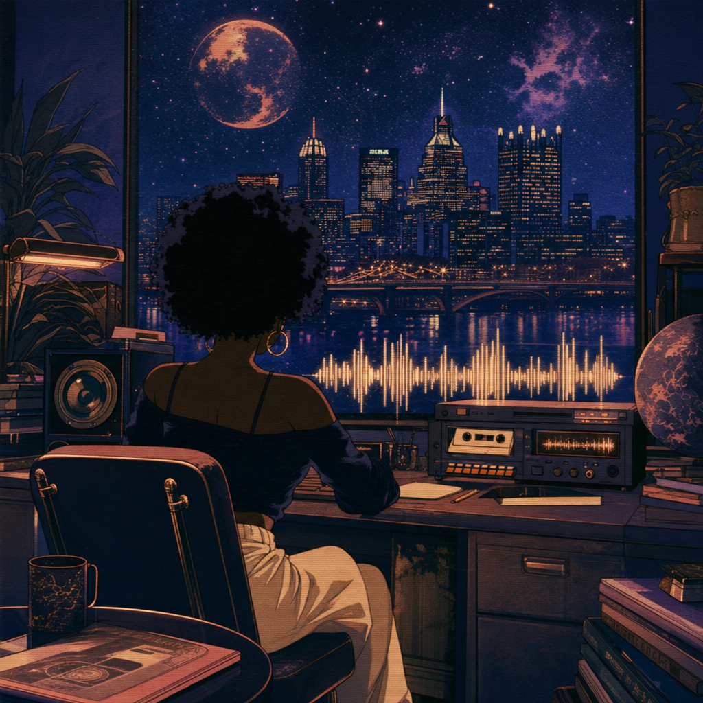A faceless Black woman in a deep-space lofi studio with a copper waveform glow.