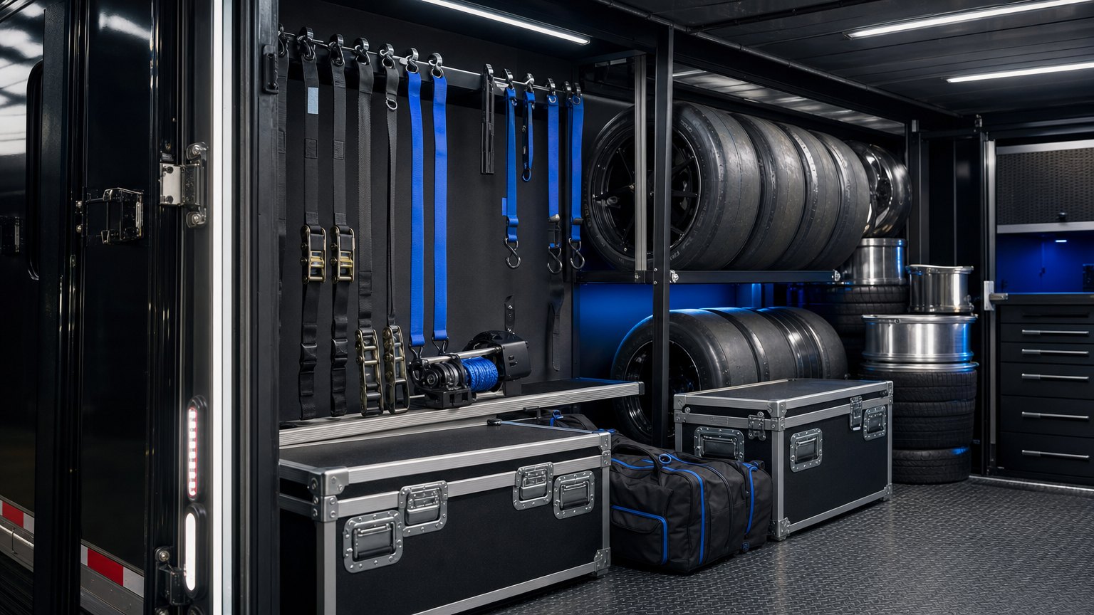 Enclosed cargo trailer prepared for hauling equipment