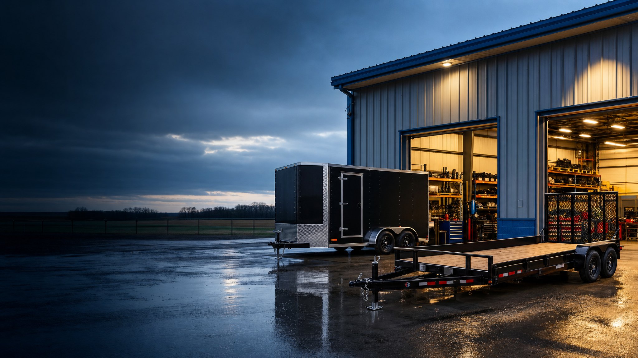 Enclosed and flatbed trailers outside an illuminated workshop