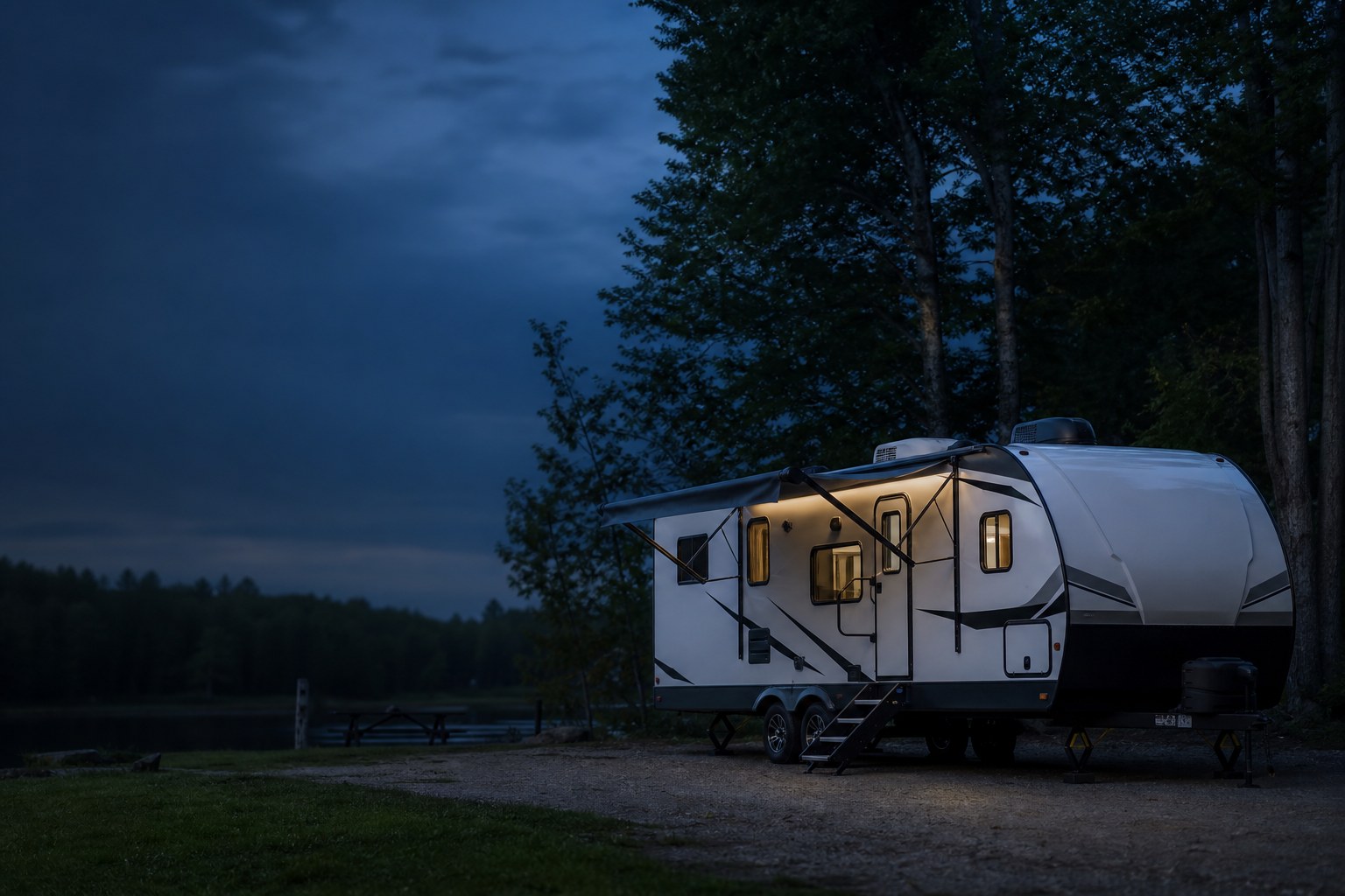 Travel trailer at a quiet campground at dusk