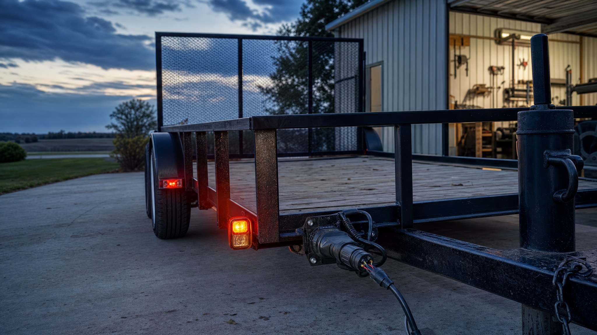 Utility trailer with lit rear lights and a connected wiring plug outside a workshop