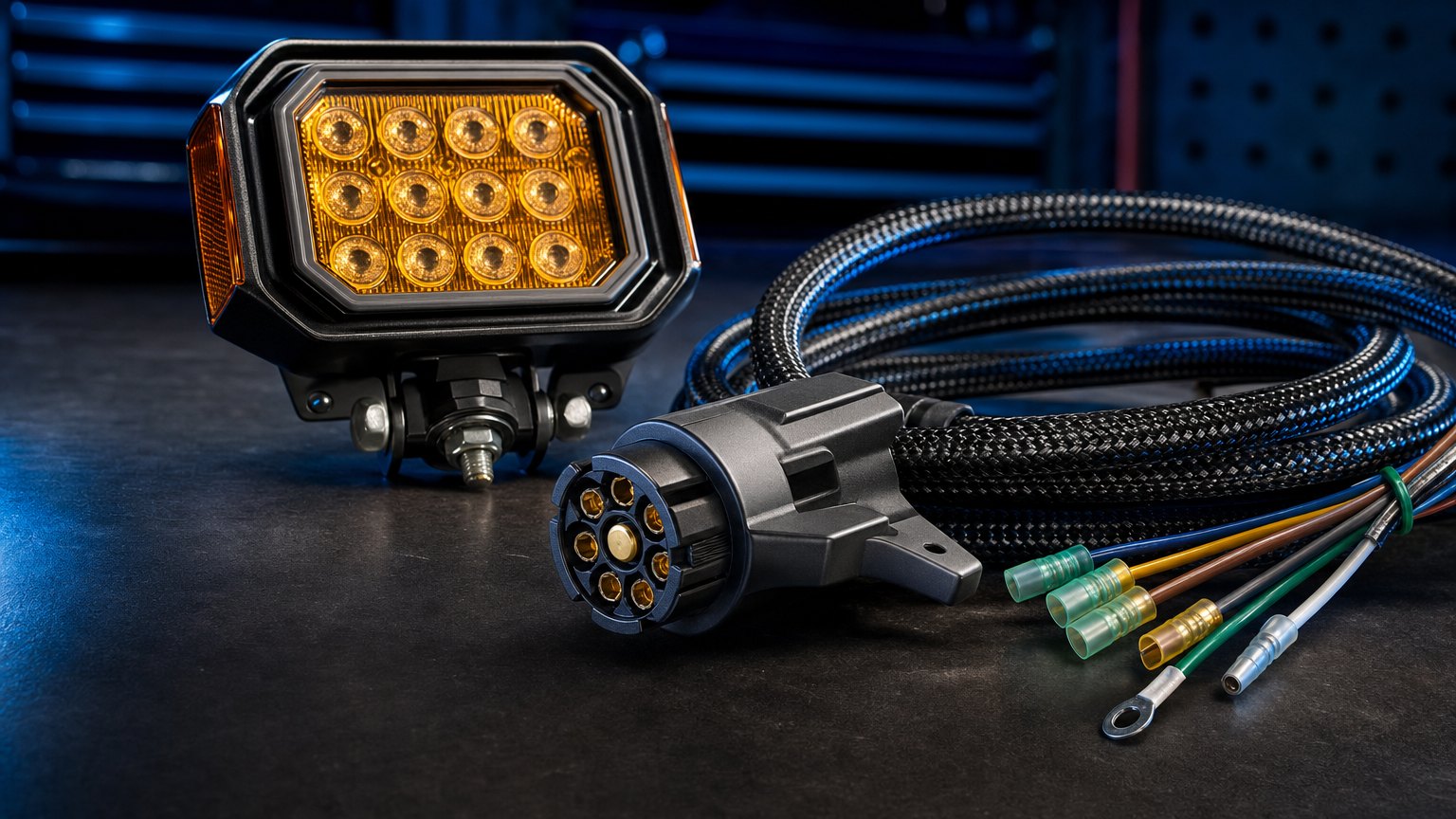 Trailer wiring and a seven-way connector arranged on a work surface