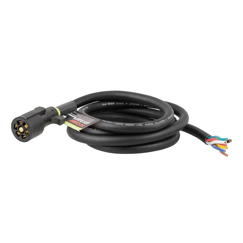 Seven-way RV blade trailer-side wiring connector with a protective cable sleeve