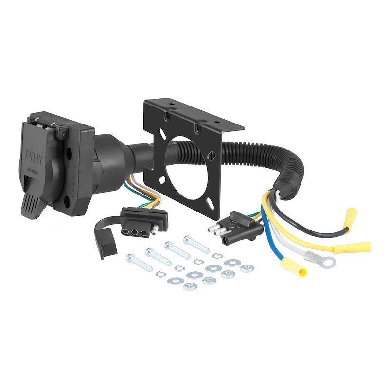 Four-way flat trailer wiring adapter with mounting bracket and protective covers