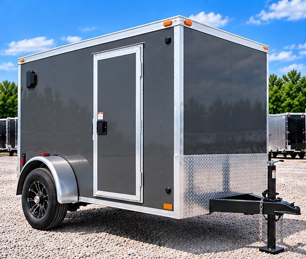 Rock Solid 6×10 enclosed cargo trailer shown from the front and side