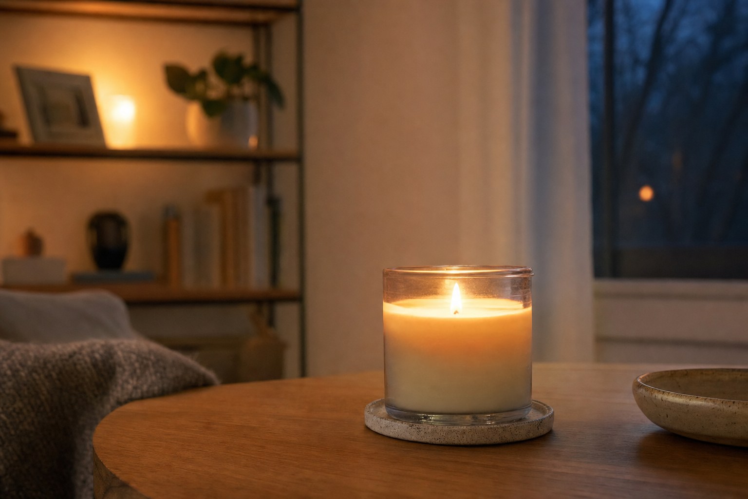 A glowing candle on a table in a warm living room