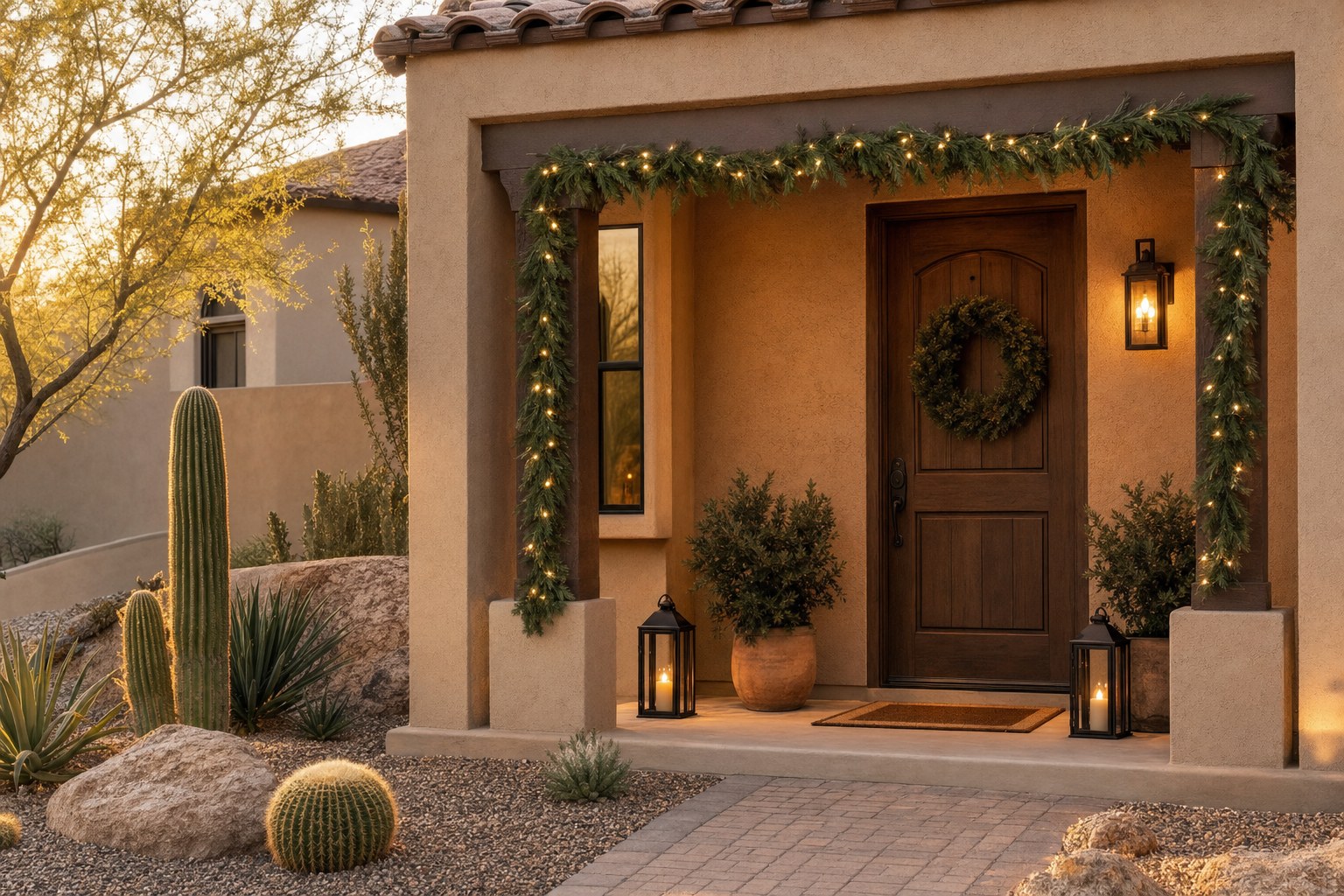 Arizona porch decorated for the winter holidays