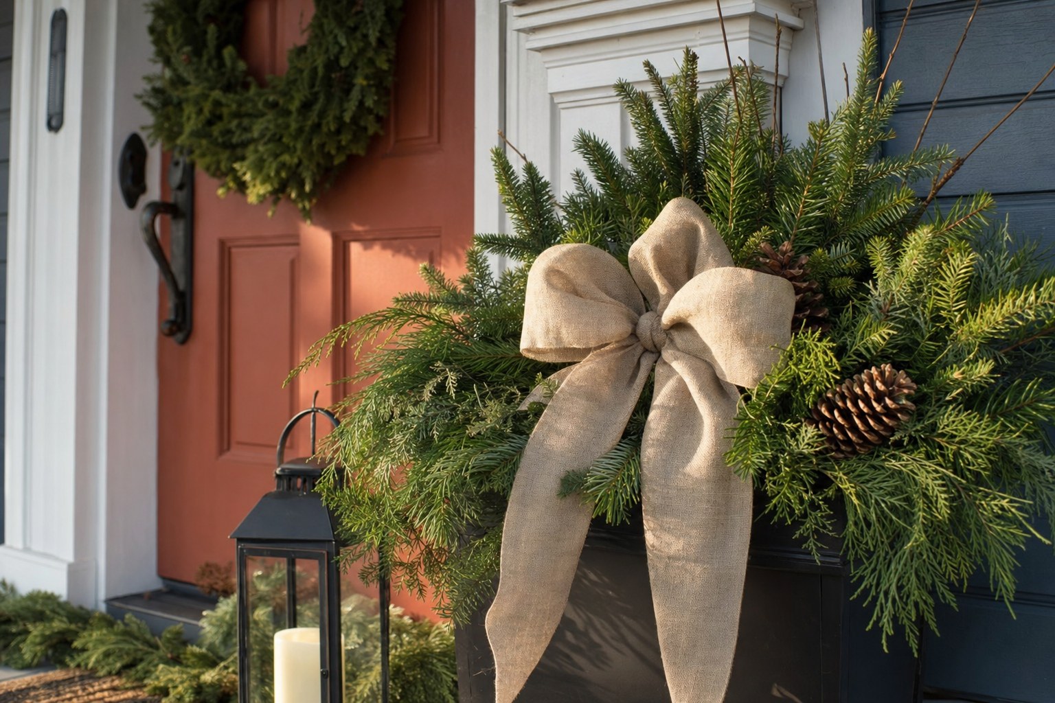 Evergreen, ribbon, pinecones and a lantern at a Christmas front door