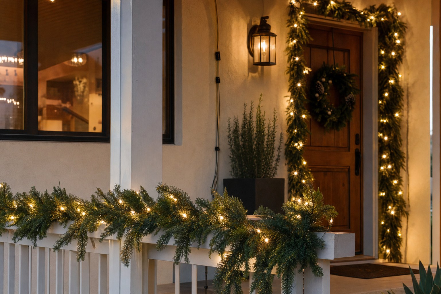 Warm white Christmas lights and greenery on a residential porch