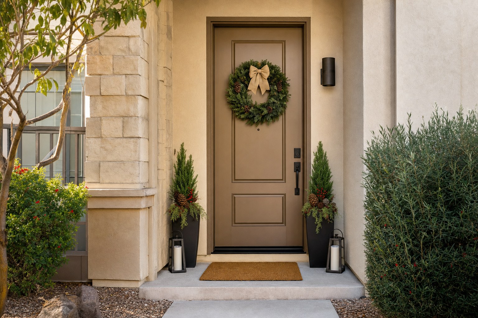 Compact Christmas stoop with a wreath, planters and lanterns