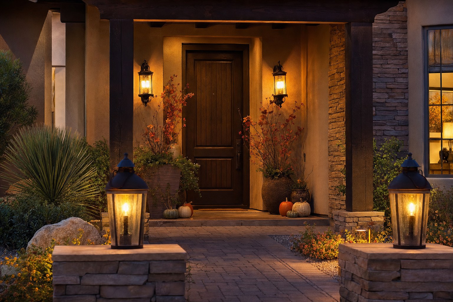 Thanksgiving porch at dusk with warm lantern light, pumpkins and autumn branches