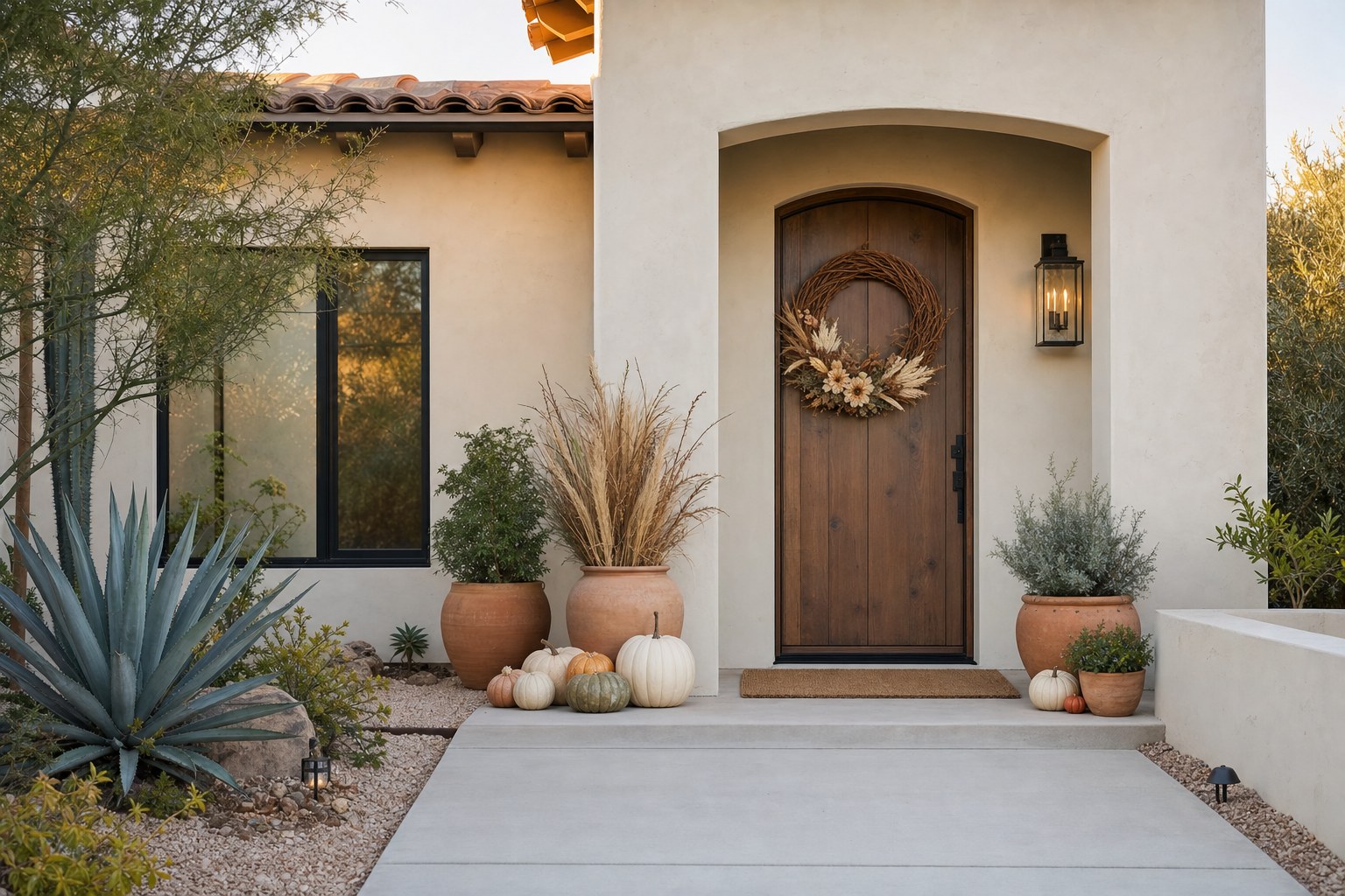 Arizona front porch styled with pumpkins, dried grasses and a fall wreath