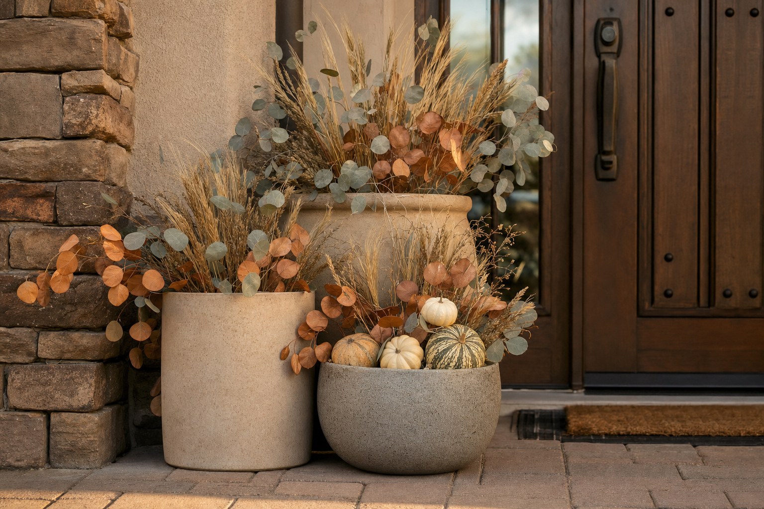 Neutral planters with dried grasses, eucalyptus and small pumpkins beside a front door