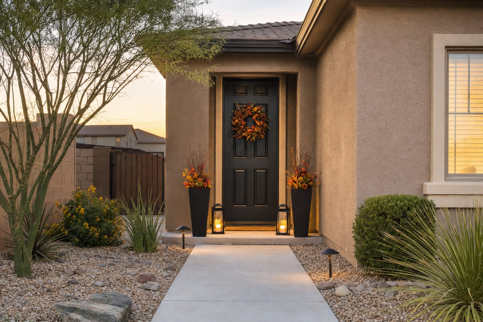 Small Arizona front stoop with a fall wreath, tall planters and lanterns beside a clear path