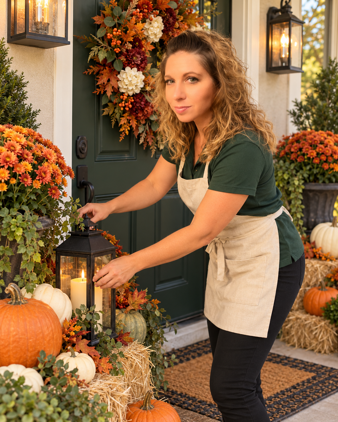 A woman arranging a lantern beside a fall entryway with pumpkins, flowers and a wreath