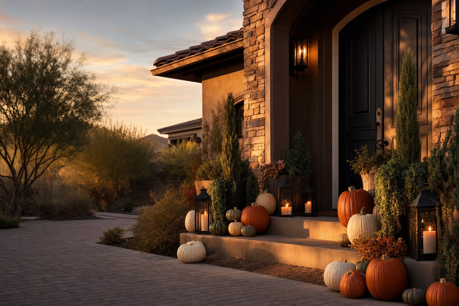 A warmly styled seasonal front porch at golden hour