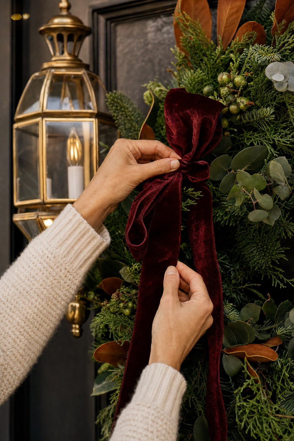 Seasonal greenery and ribbon being styled at a front door