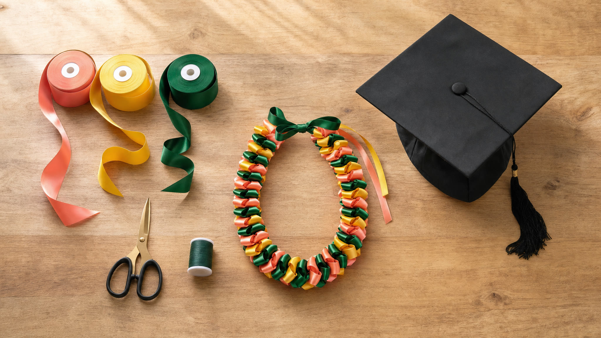 Ribbon spools, scissors, a handmade ribbon lei, and a graduation cap on a wood table