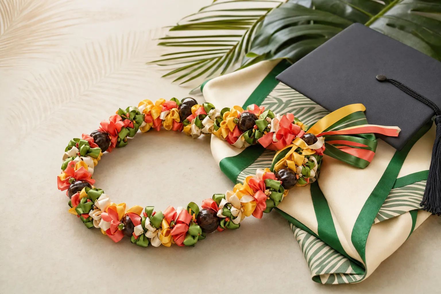 A colorful ribbon lei beside a graduation cap and stole