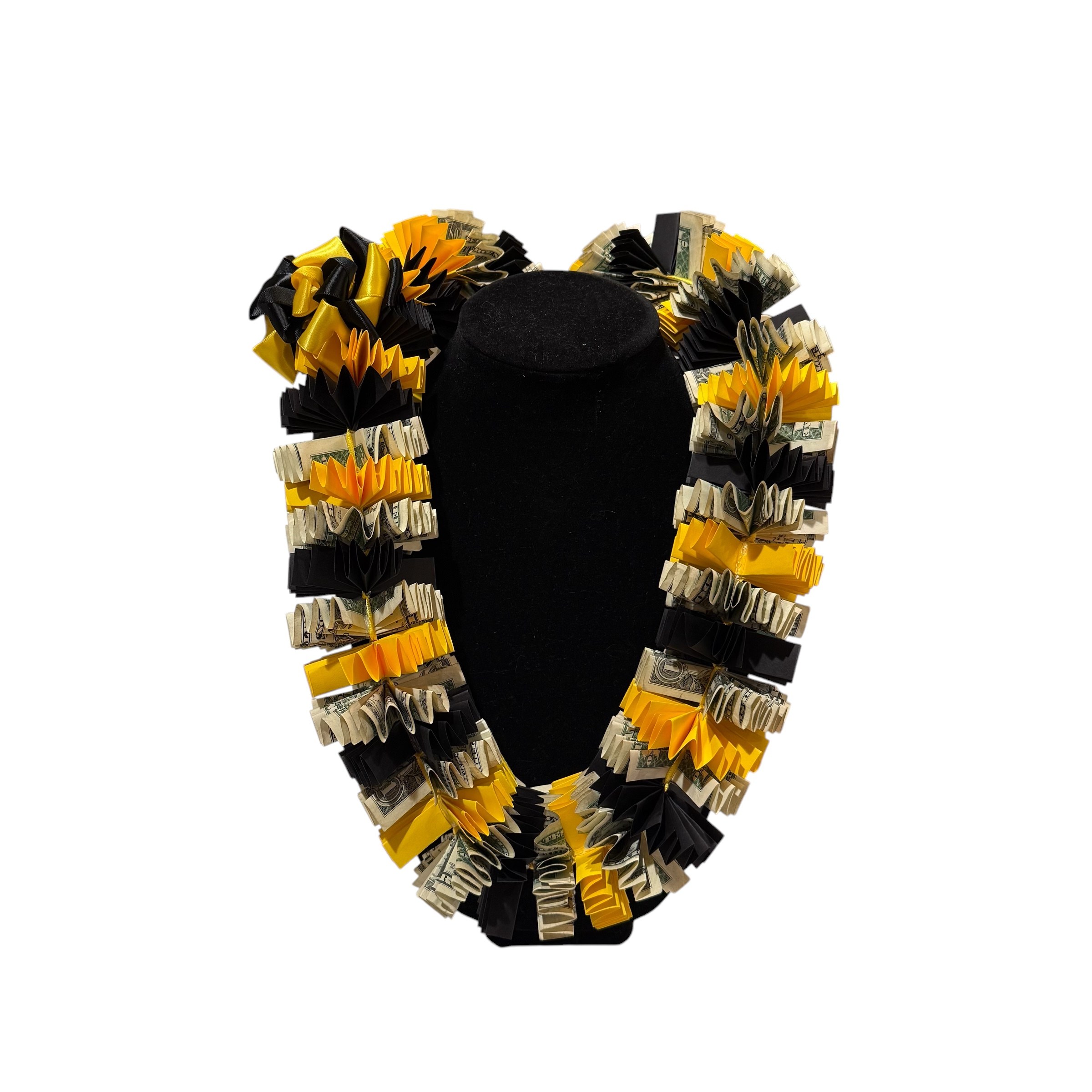 Black and gold handmade graduation money lei displayed around a velvet bust