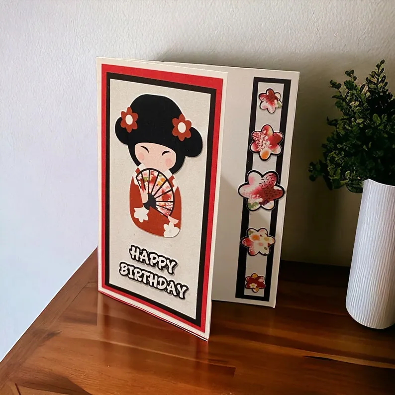 Handmade Japanese doll birthday card