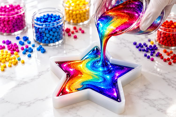 Rainbow resin being poured into a star-shaped mold, surrounded by colorful beads