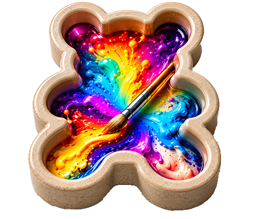 Bear-shaped mold filled with rainbow paint and a paintbrush