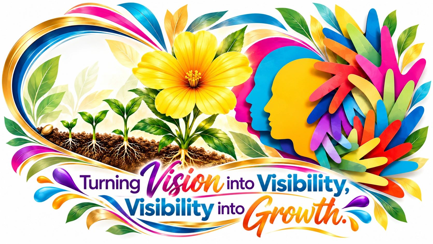 Colorful illustration of growth and visibility with flowers and people