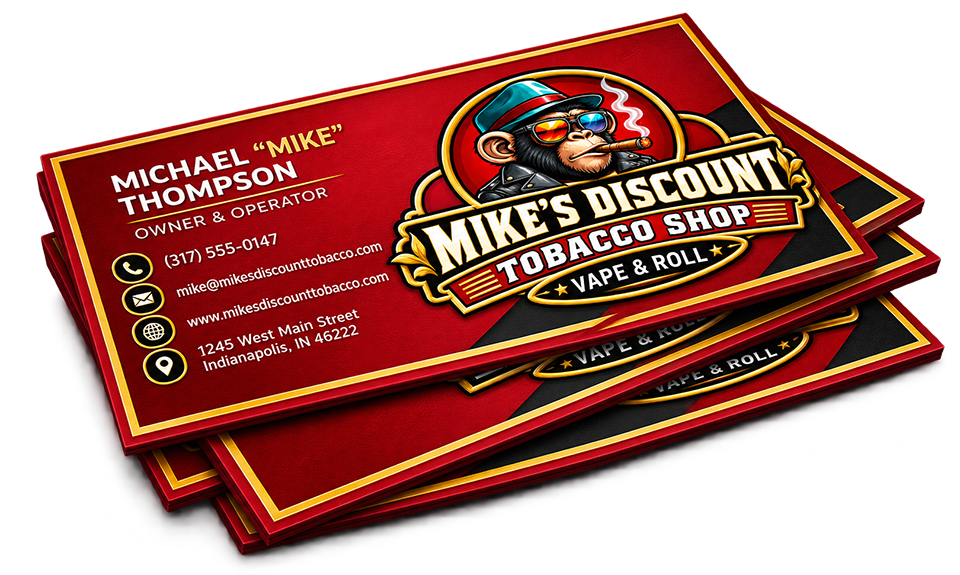 Stacked red and gold business cards for Mike’s Discount Tobacco Shop