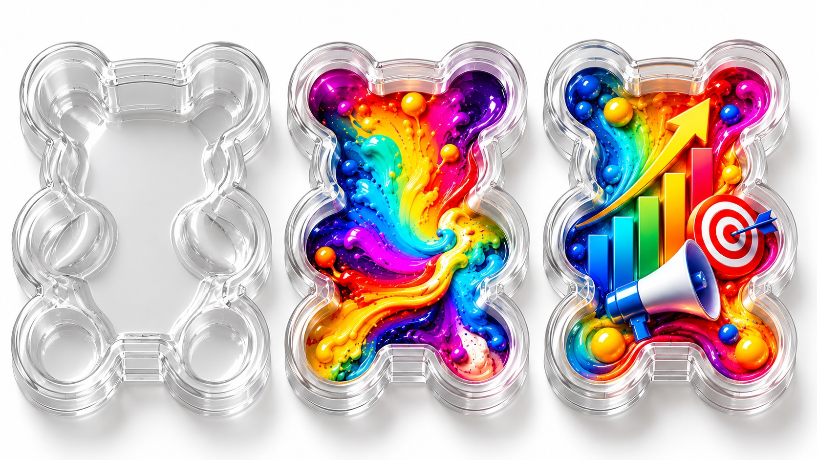 Three bear-shaped molds showing a clear starting point, colorful creativity and business growth