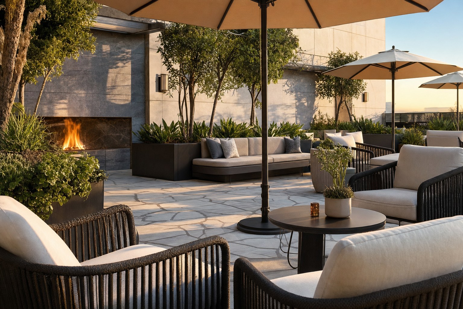 Outdoor hospitality terrace with commercial seating and tables