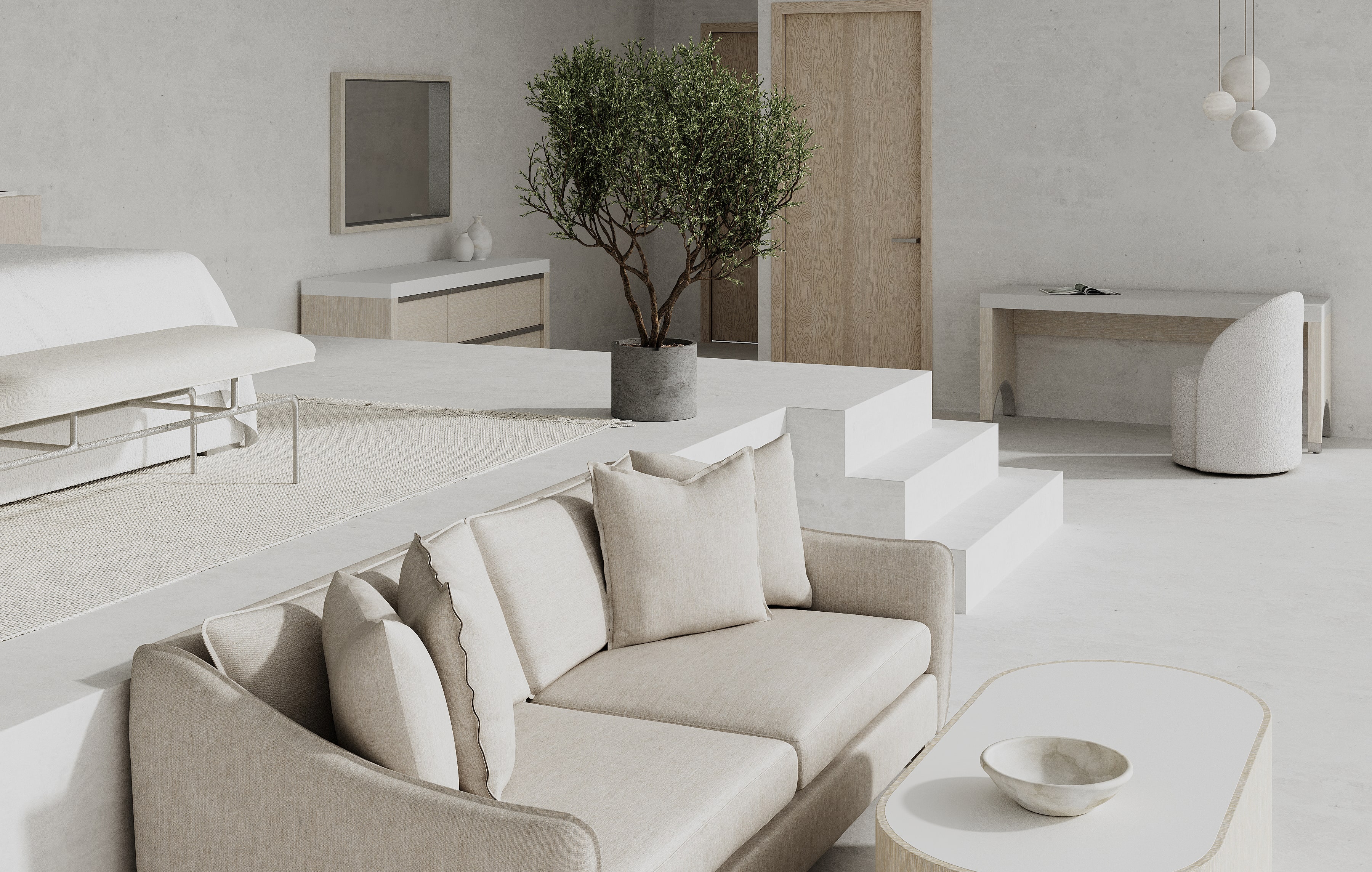 Outdoor lounge area with commercial seating, tables and open circulation
