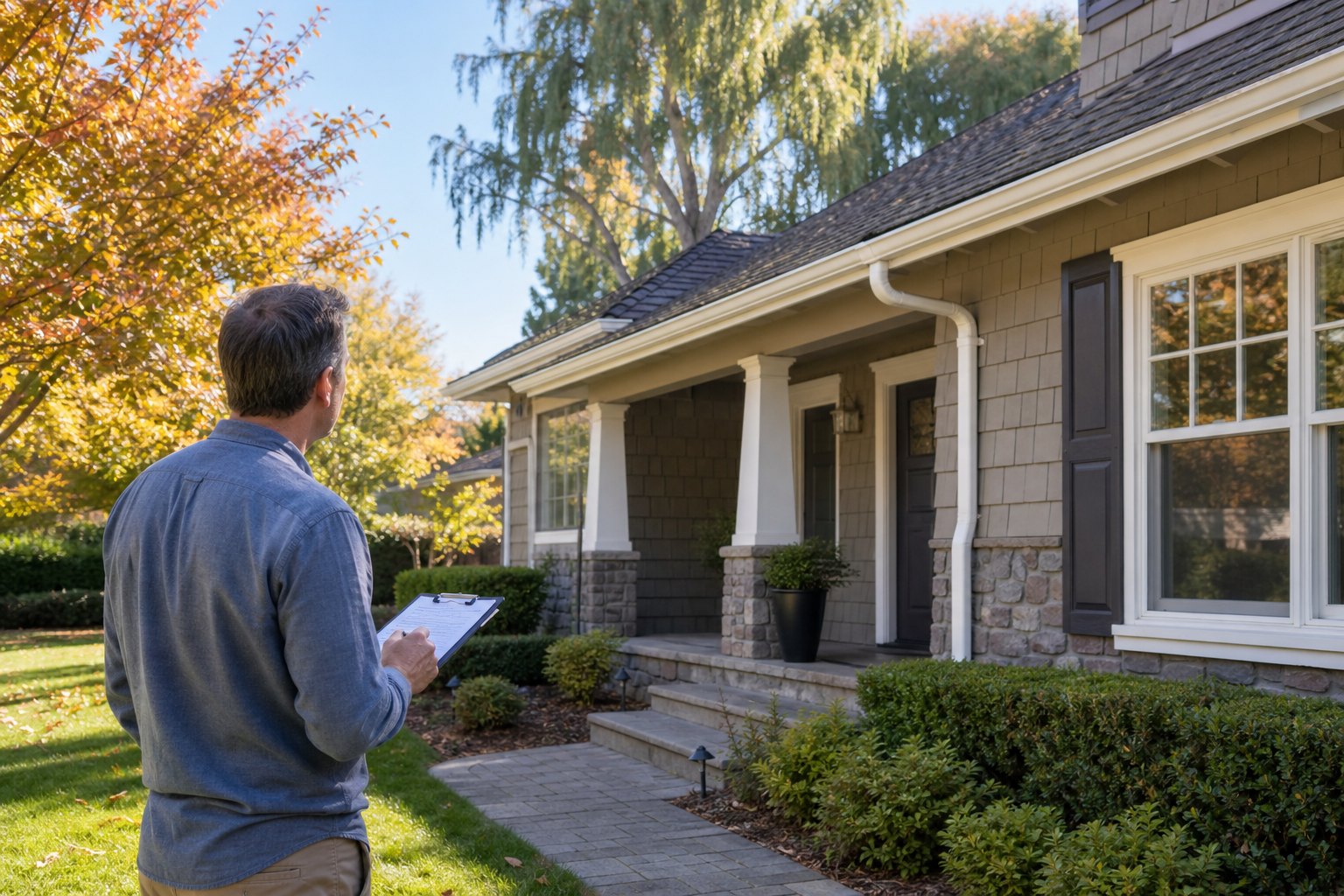 Homeowner checking the exterior of a home as part of seasonal maintenance