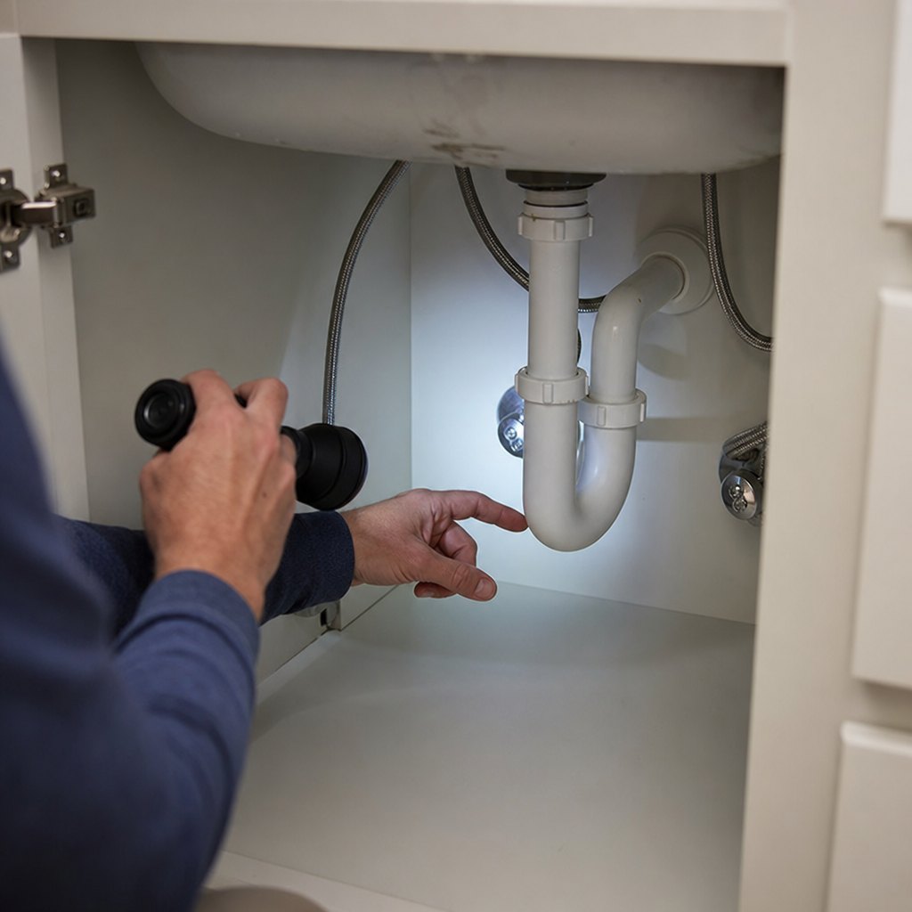 Inspecting plumbing under a kitchen sink for moisture and loose connections