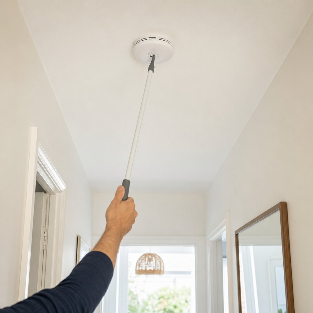Testing a ceiling smoke alarm with a long-reach tool from floor level