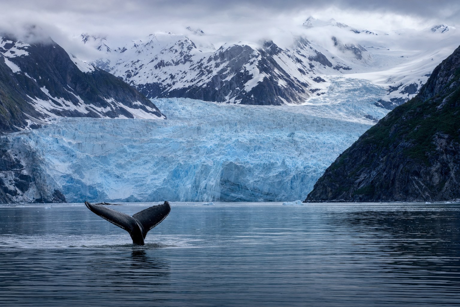 Humpback whale tail in front of an Alaska glacier