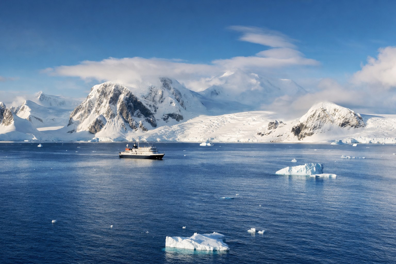 Small expedition ship traveling near Antarctic icebergs