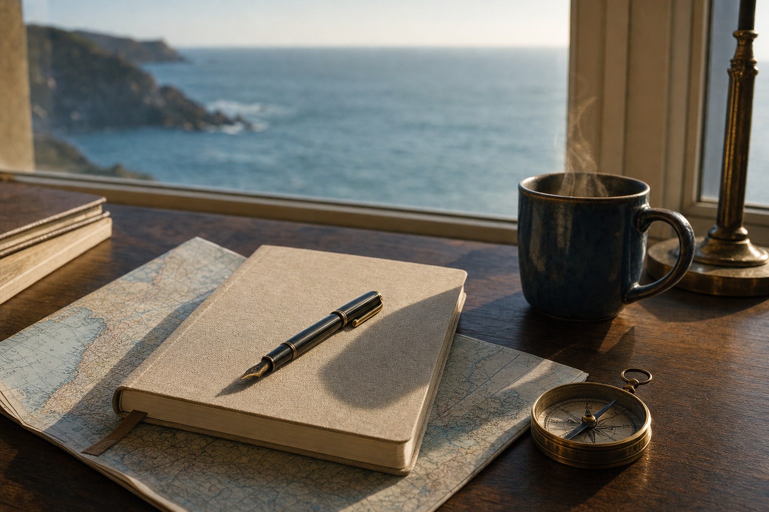 Travel planning desk by a window overlooking the sea