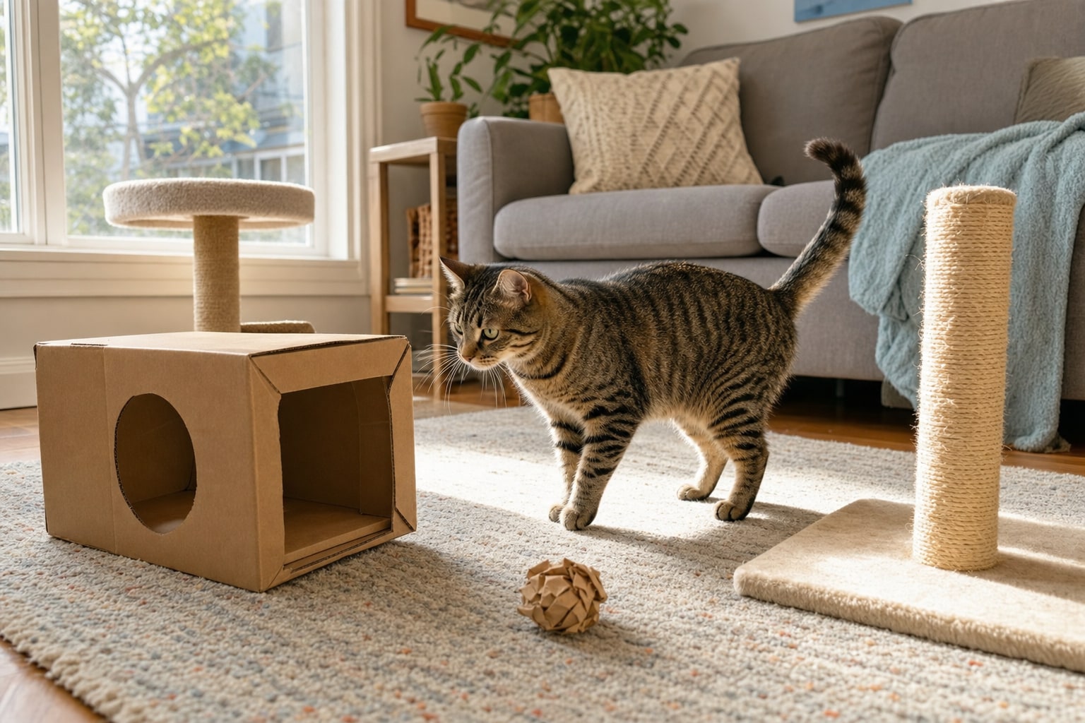 Tabby cat exploring a cardboard hideout, scratcher, paper ball, and window perch in a sunny room