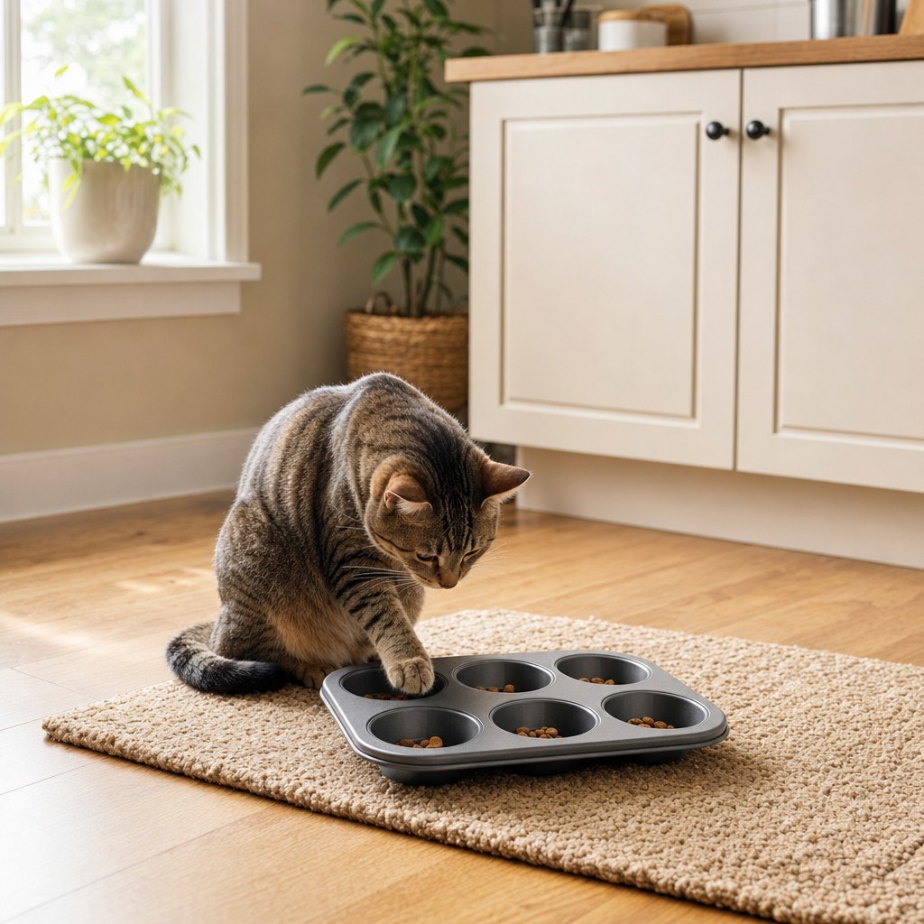 Tabby cat using a shallow tray with visible kibble in open cups