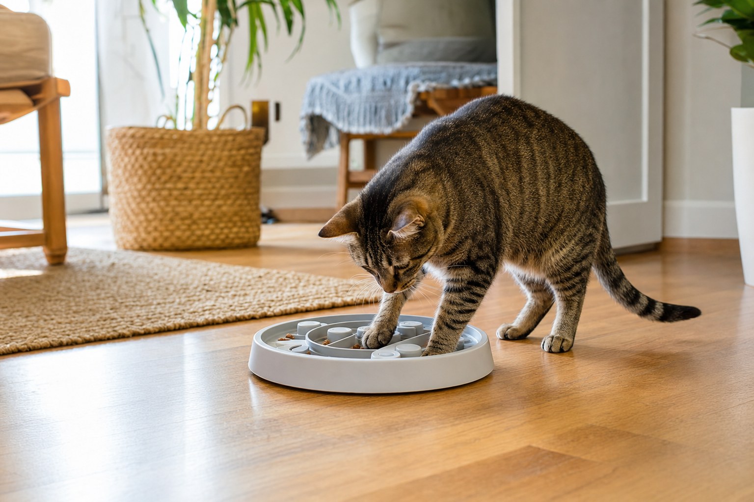 Tabby cat using a round puzzle feeder with kibble in a bright home