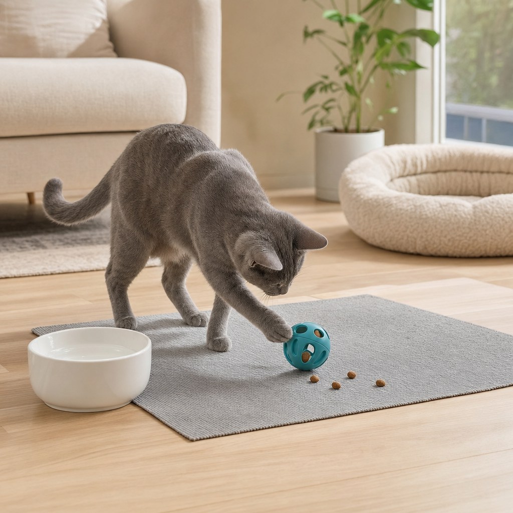 Gray cat nudging a rolling treat puzzle on a washable mat