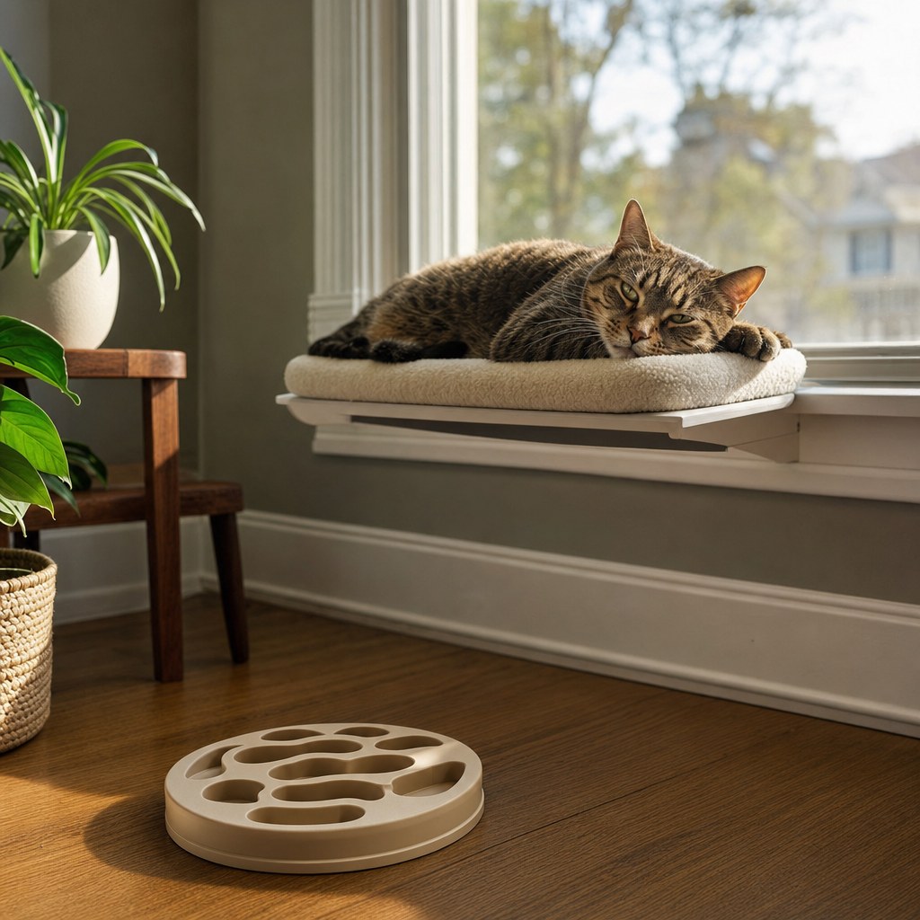 Tabby cat resting on a window perch with an empty puzzle feeder safely below