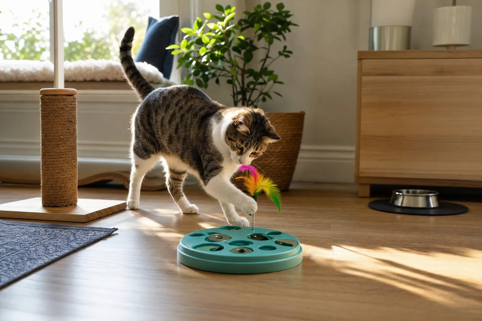 Indoor cat exploring a puzzle feeder and feather toy in a sunny room