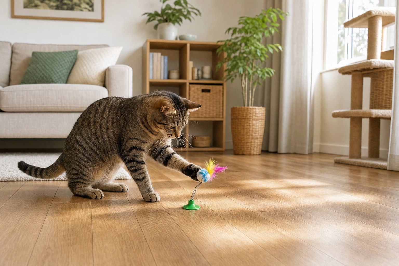 Tabby cat batting a spring teaser toy secured to a hardwood floor in a bright living room