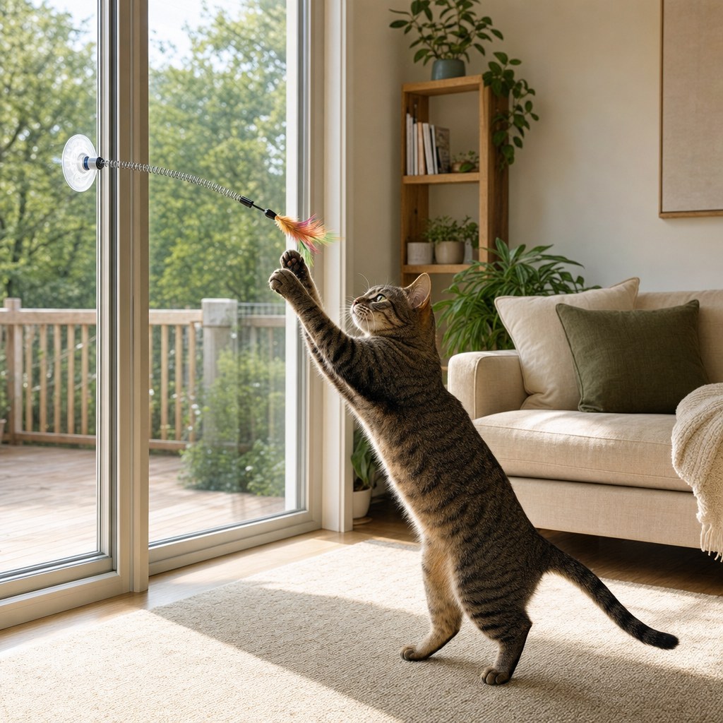 Tabby cat playing with a spring-mounted teaser toy secured to a glass patio door in an open living room