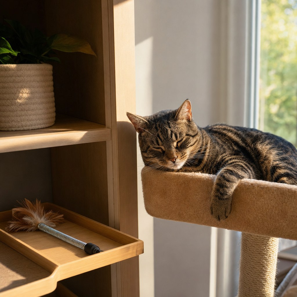 Tabby cat resting on a perch while a spring teaser toy is stored neatly on a nearby shelf